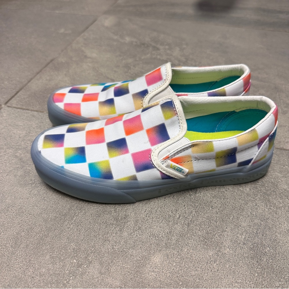 Vans Slip-On Cultivate Care Checkered Rainbow Skate Shoes Blue Gum Sole I Exist - Picture 11 of 11